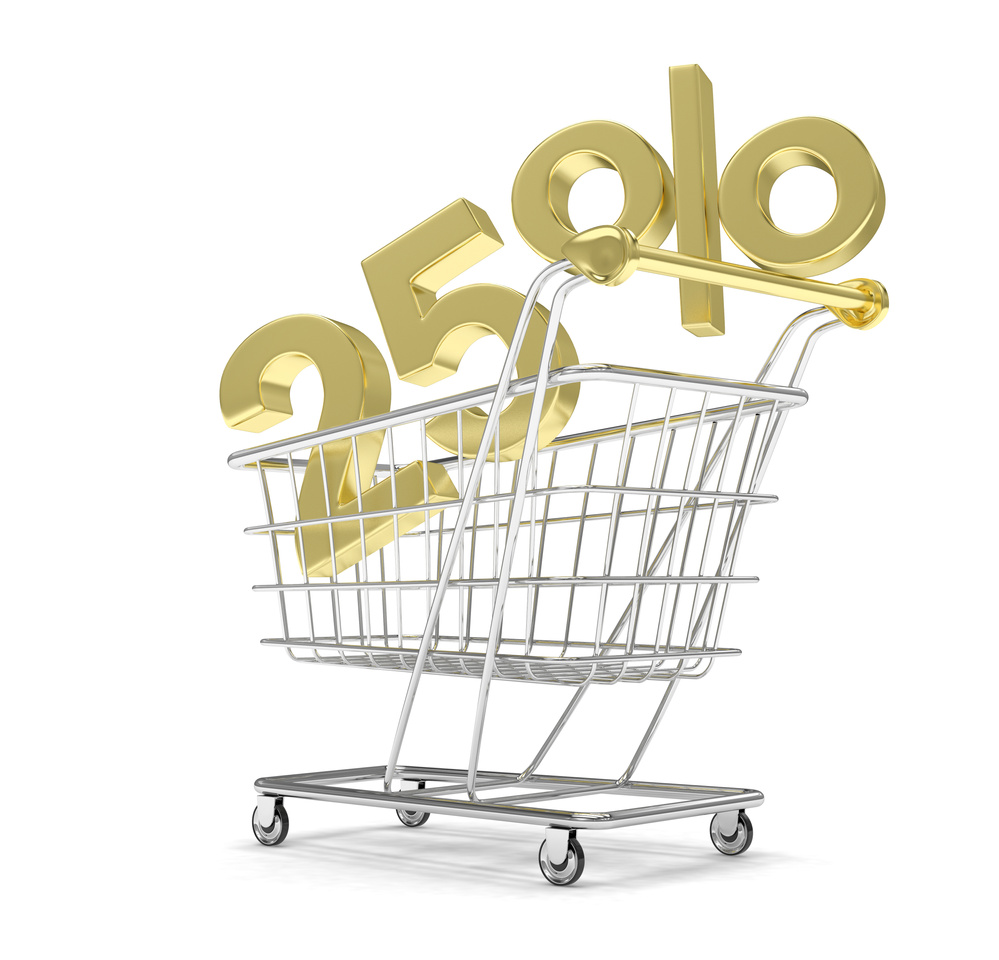 discount 25%, shopping cart on white background